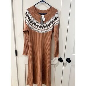 Lane Bryant Womens Plus 18/20 Fair Isle Ribbed Knit Sweater Dress Camel Brown